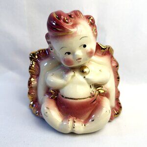 Hull Pottery Baby Planter Cherub Figurine Pink & Cream Gold Accents Marked 92 US